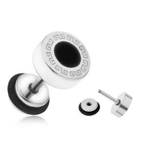 Ocelový fake plug do ucha, řecký klíč, černý glazovaný kruh, 8 mm