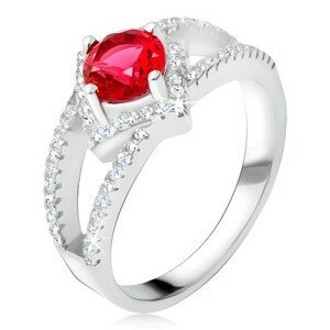 Prsten s rozdvojenými rameny, červený kámen, čtverec, stříbro 925 - Velikost: 49
