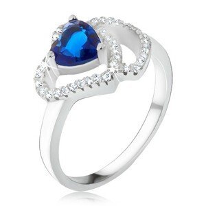 Prsten ze stříbra 925, modrý srdíčkovitý kámen, zirkonové obrysy srdcí - Velikost: 50
