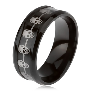 Černý prsten z oceli 316L, snížený střed s linií lebek - Velikost: 59