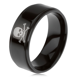 Prsten z oceli 316L, lesklý černý, snížené okraje, lebka, zkřížené kosti - Velikost: 59