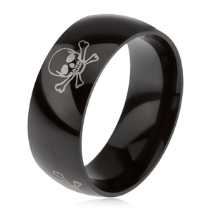 Lesklý černý prsten z oceli 316L, ocelově šedý potisk, lebky s překříženými hnáty - Velikost: 65