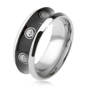 Prsten z chirurgické oceli, lesklý černý, vyhloubený střed, lebka v kruhu - Velikost: 62