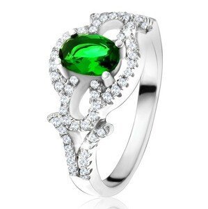 Prsten s oválným zeleným kamenem, čirý kruh, kapky, ze stříbra 925 - Velikost: 52