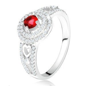 Prsten - červený kamínek s dvojitým zirkonovým lemem, srdce, ze stříbra 925 - Velikost: 56