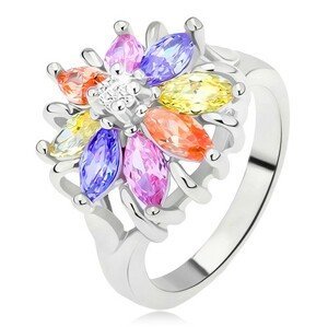 Lesklý prsten stříbrné barvy, barevný květ z broušených kamínků - Velikost: 53