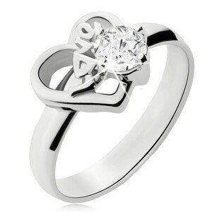 Ocelový prsten s čirým kamínkem, obrys nesouměrného srdce, Love - Velikost: 49