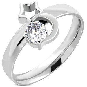 Ocelový prsten stříbrné barvy, měsíc, obrys hvězdy a čirý zirkon - Velikost: 58
