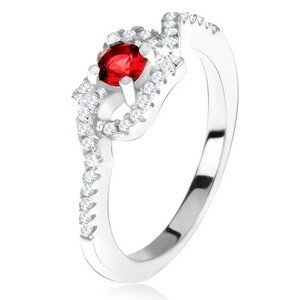Stříbrný 925 prsten, červený kamínek, zatočená zirkonová ramena - Velikost: 49