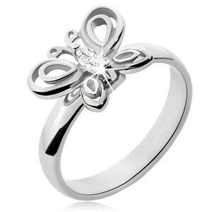 Prsten z chirurgické oceli stříbrné barvy, motýlek, čirý zirkon - Velikost: 57
