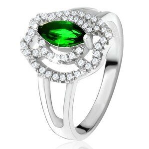 Prsten se zeleným zrníčkovitým kamenem, zirkonové oblouky, stříbro 925 - Velikost: 54