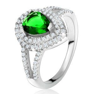 Prsten se zeleným slzičkovitým kamenem, dvojitý čirý lem, stříbro 925 - Velikost: 52