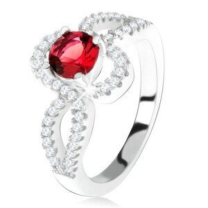 Stříbrný 925 prsten, červený kulatý kámen, zatočená zirkonová ramena - Velikost: 49
