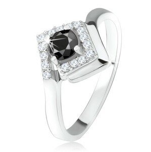 Stříbrný 925 prsten, kulatý černý kamínek v zirkonovém kosočtverci - Velikost: 57