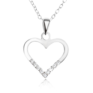 Nastavitelný náhrdelník - řetízek, obrys ve tvaru srdce, čiré zirkonky, stříbro 925