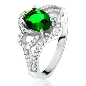 Stříbrný prsten, šikmý oválný zelený zirkon, zaoblené linie, čiré kamínky - Velikost: 54