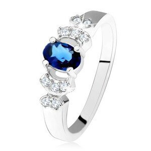 Lesklý prsten - stříbro 925, tmavě modrý oválný zirkon, čiré kamínky - Velikost: 49