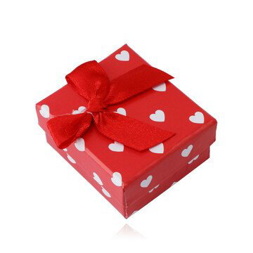 Červená dárková krabička na náušnice - bílá srdíčka, červená mašlička