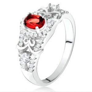 Stříbrný 925 prsten, oválný červený zirkon s čirým lemem, ozdobné linie - Velikost: 57