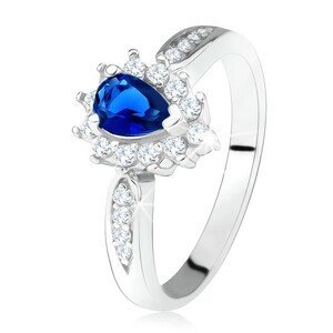 Lesklý prsten - stříbro 925, tmavě modrý zirkon - slza, čiré kamínky - Velikost: 57