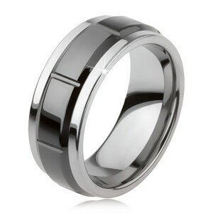 Wolframový prsten se zářezy, stříbrná barva, lesklý černý povrch - Velikost: 62
