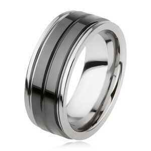 Wolframový prsten s lesklým černým povrchem a zářezem, stříbrná barva - Velikost: 59