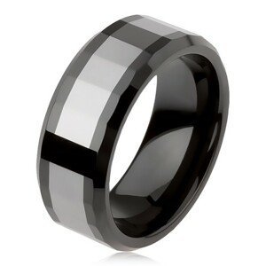 Lesklý wolframový prsten, dvoubarevný, geometricky broušený povrch - Velikost: 62