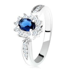 Zásnubní prsten ze stříbra 925, tmavě modrý oválný zirkon, čirý lem - Velikost: 59