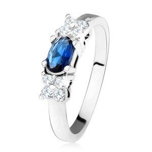 Lesklý prsten - stříbro 925, tmavě modrý oválný zirkon, čtyřlístek, čiré kamínky - Velikost: 50