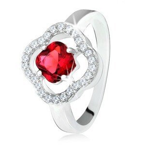 Stříbrný prsten 925, broušený červený kámen, čiré zirkony, květ - Velikost: 57
