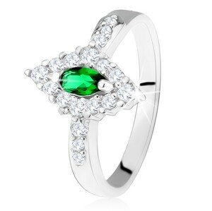 Stříbrný prsten 925, kosočtverec s tmavě zeleným očkem a čirým lemem - Velikost: 52