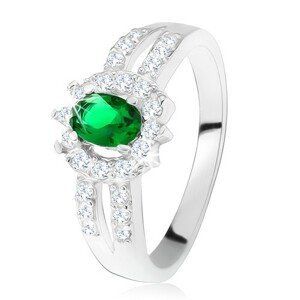 Prsten ze stříbra 925, tmavě zelený kamínek, rozdvojená zdobená ramena - Velikost: 60