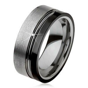 Wolframový prsten, dva zářezy, ocelově šedá a černá barva, lesklo-matný povrch - Velikost: 54