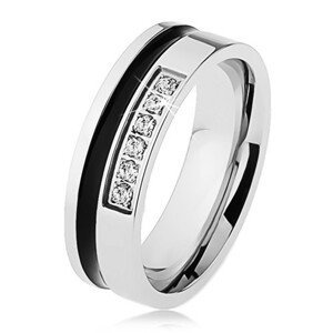 Zrcadlově lesklý ocelový prsten stříbrné barvy, černý pruh, linie zirkonů - Velikost: 57