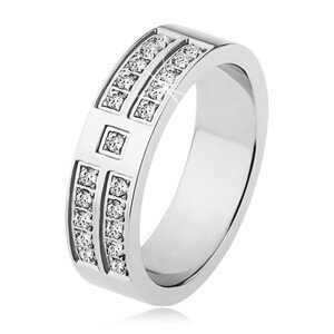 Lesklý prsten z oceli stříbrné barvy, ozdobné linie čirých zirkonů - Velikost: 69