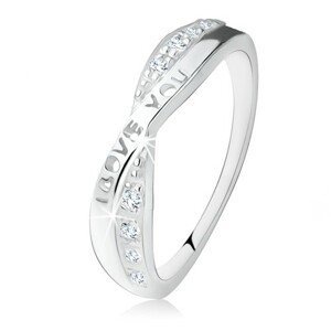 Stříbrný prsten 925, překřížená ramena, zirkony, nápis "I LOVE YOU" - Velikost: 49