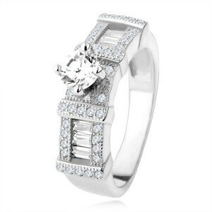 Stříbrný zásnubní prsten 925, zirkonové obdélníky, kulatý kamínek - Velikost: 50