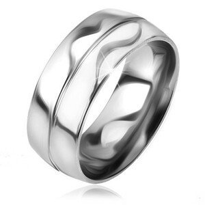 Lesklý a hladký prsten z oceli, stříbrná barva, ozdobný zářez ve středu - Velikost: 57