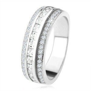 Třpytivý prsten ze stříbra 925, vyvýšený střední pás, čiré zirkony - Velikost: 48