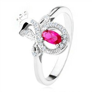 Stříbrný prsten 925 s tmavě růžovým oválným kamenem, zirkonový páv - Velikost: 53
