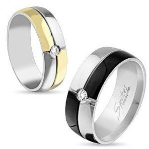 Ocelový prsten stříbrné a černé barvy, zirkon uprostřed, 8 mm - Velikost: 59