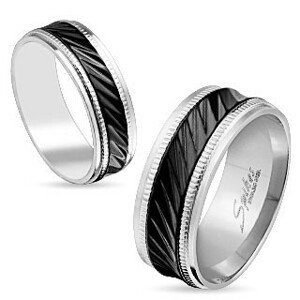 Ocelový prsten stříbrné barvy, černý pruh se šikmými zářezy, vroubky, 8 mm - Velikost: 59