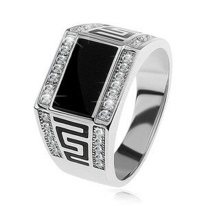 Stříbrný prsten 925, černý obdélník, čiré blyštivé kamínky, řecký klíč - Velikost: 59
