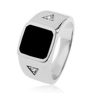 Stříbrný prsten 925, čtverec s černou glazurou, trojúhelníky se zirkonem - Velikost: 54