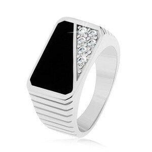 Prsten ze stříbra 925, svislé zářezy, obdélník - černá glazura, čiré zirkony - Velikost: 60