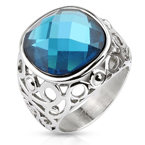 Ocelový prsten, ramena zdobená filigránem, modrý broušený kámen - Velikost: 55