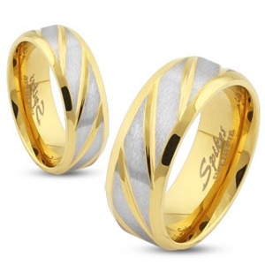 Prsten zlaté barvy z oceli, matné šikmé pásky ve stříbrném odstínu, 8 mm - Velikost: 59