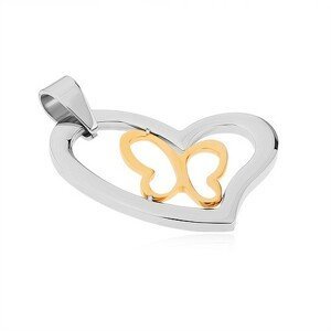 Přívěsek z chirurgické oceli, asymetrický obrys srdce, linie motýla ve zlaté barvě