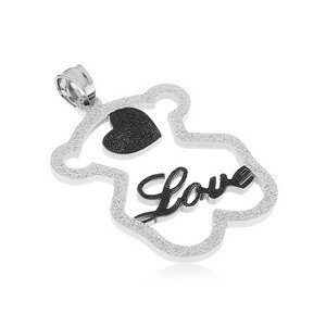 Ocelový přívěsek - třpytivá silueta medvídka, černé srdíčko, nápis "Love"
