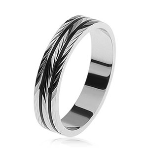 Stříbrný prsten 925, gravírované šikmé zářezy, černé pásky po obvodu - Velikost: 57